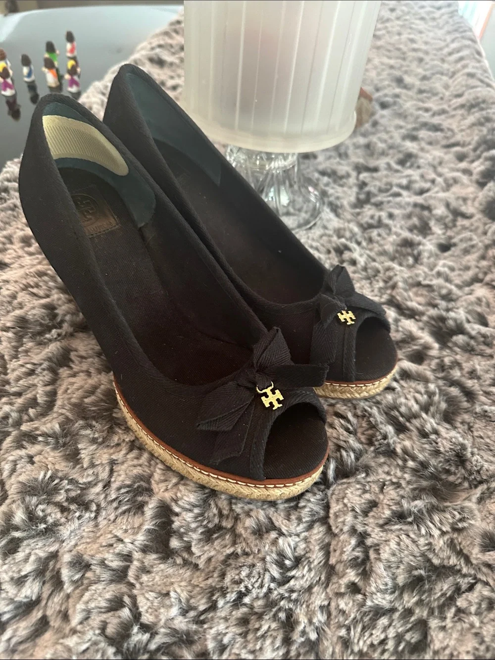 Tory Burch new never worn Black Peep-Toe Wedge Heels with Bow